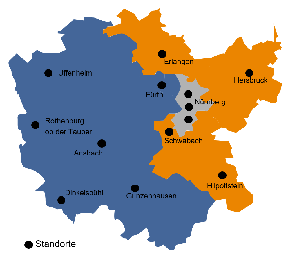  Karte von Mittelfranken mit allen 13 Finanzamts-Standorten
