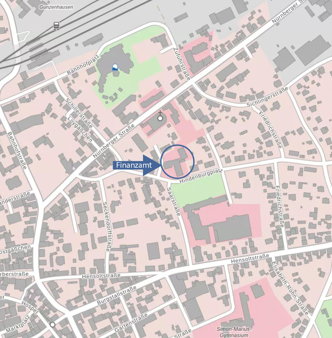 Lageplan mit Markierung des Finanzamts Gunzenhausen, Hindenburgplatz 1