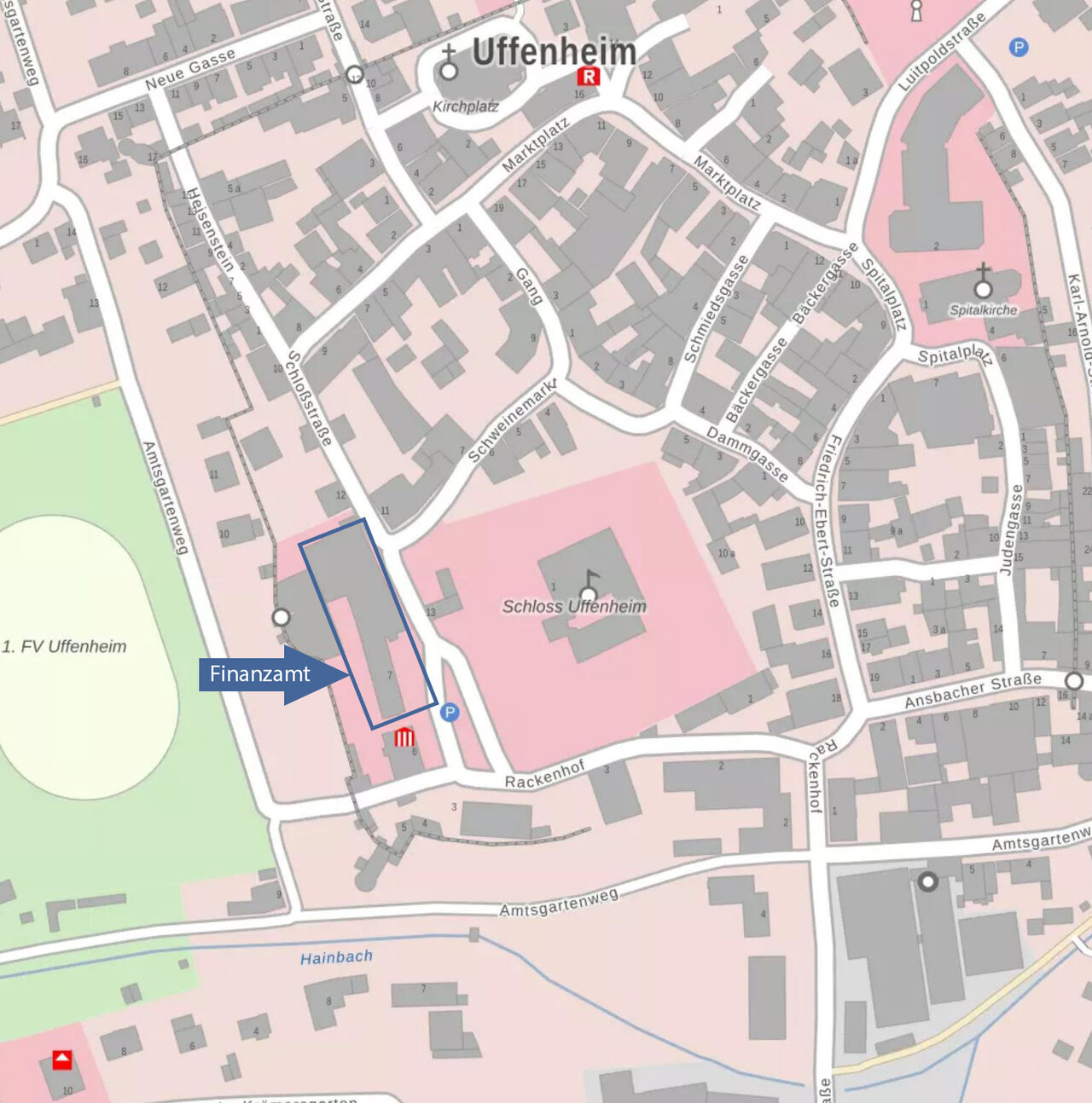  Stadtplan Markierung des Finanzamts Uffenheim, Schloßplatz 7
